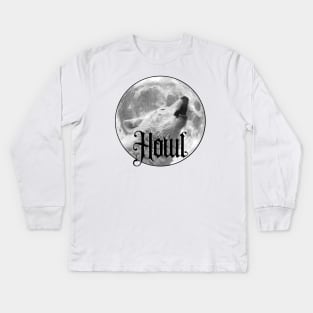 Howl, Moon With Wolf Howling Kids Long Sleeve T-Shirt